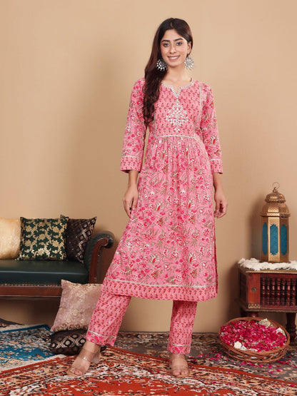 Dhiyona VA Women'sPink Floral Printed Pure Cotton Kurta with Trousers & With Dupatta