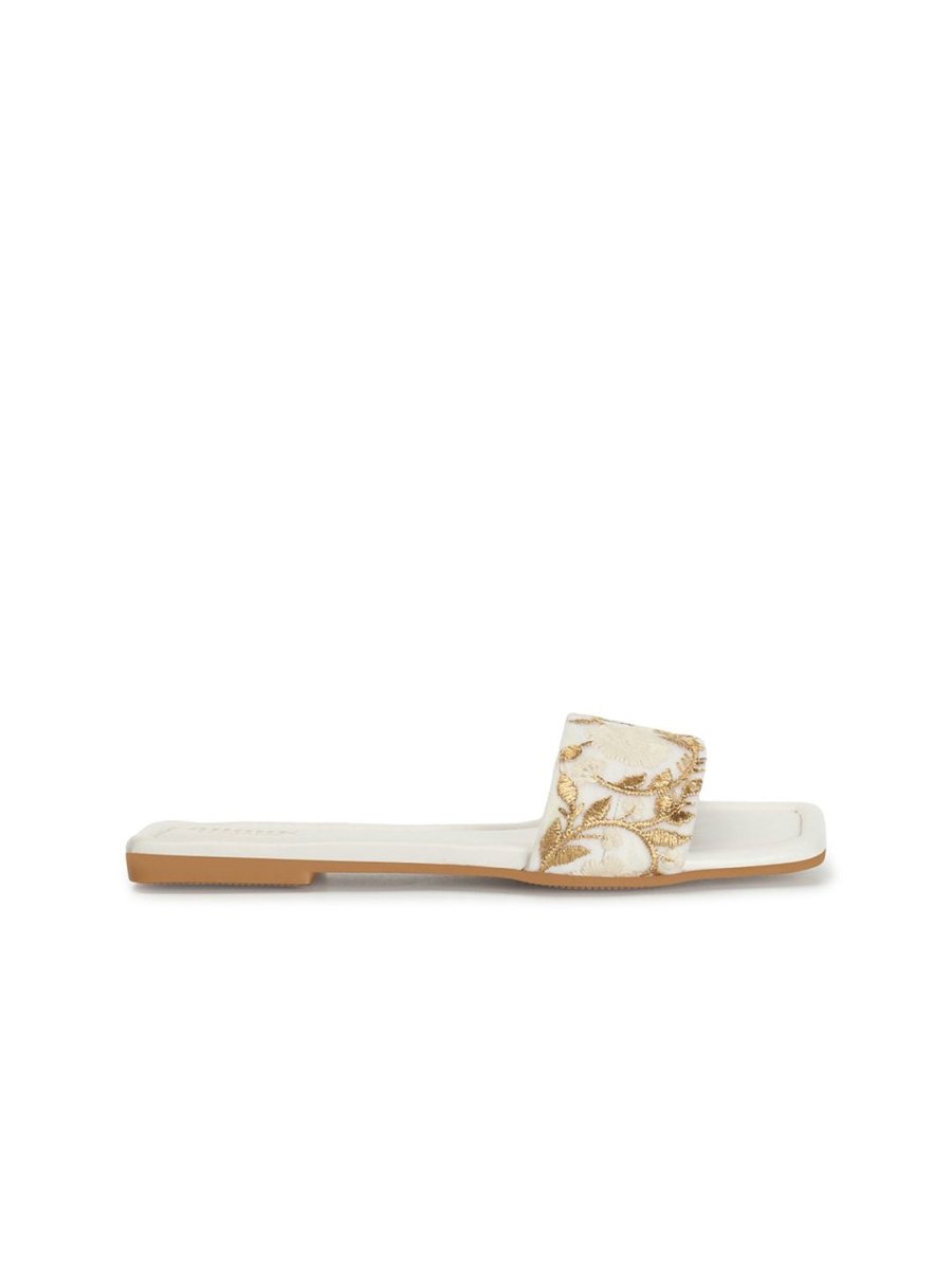 Dhiyona AK White & Gold-Toned Embroidered Open Toe Flats