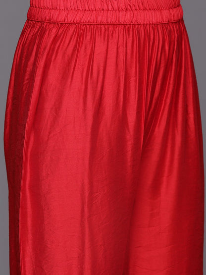 Dhiyona VA Women'sRed Bandhani printed A line Kurta with Trouser and Dupatta