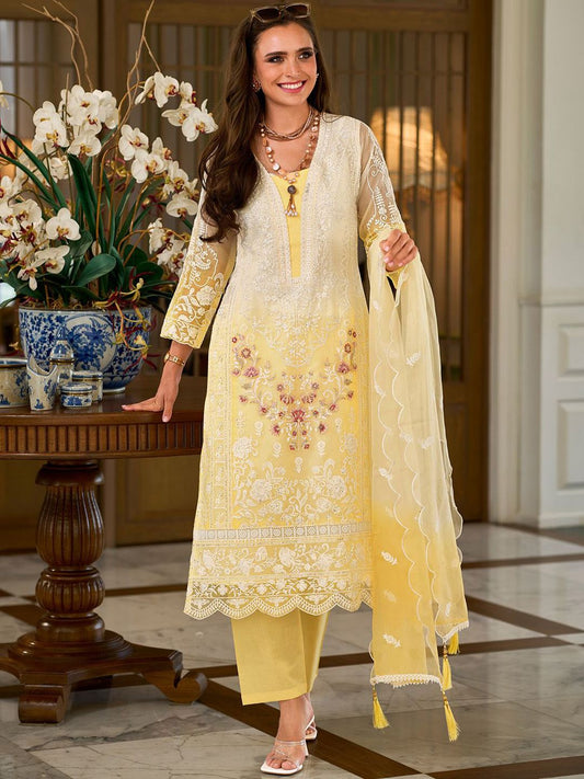 Floral Embroidered Sequinned Straight Organza Kurta With Trousers And Dupatta