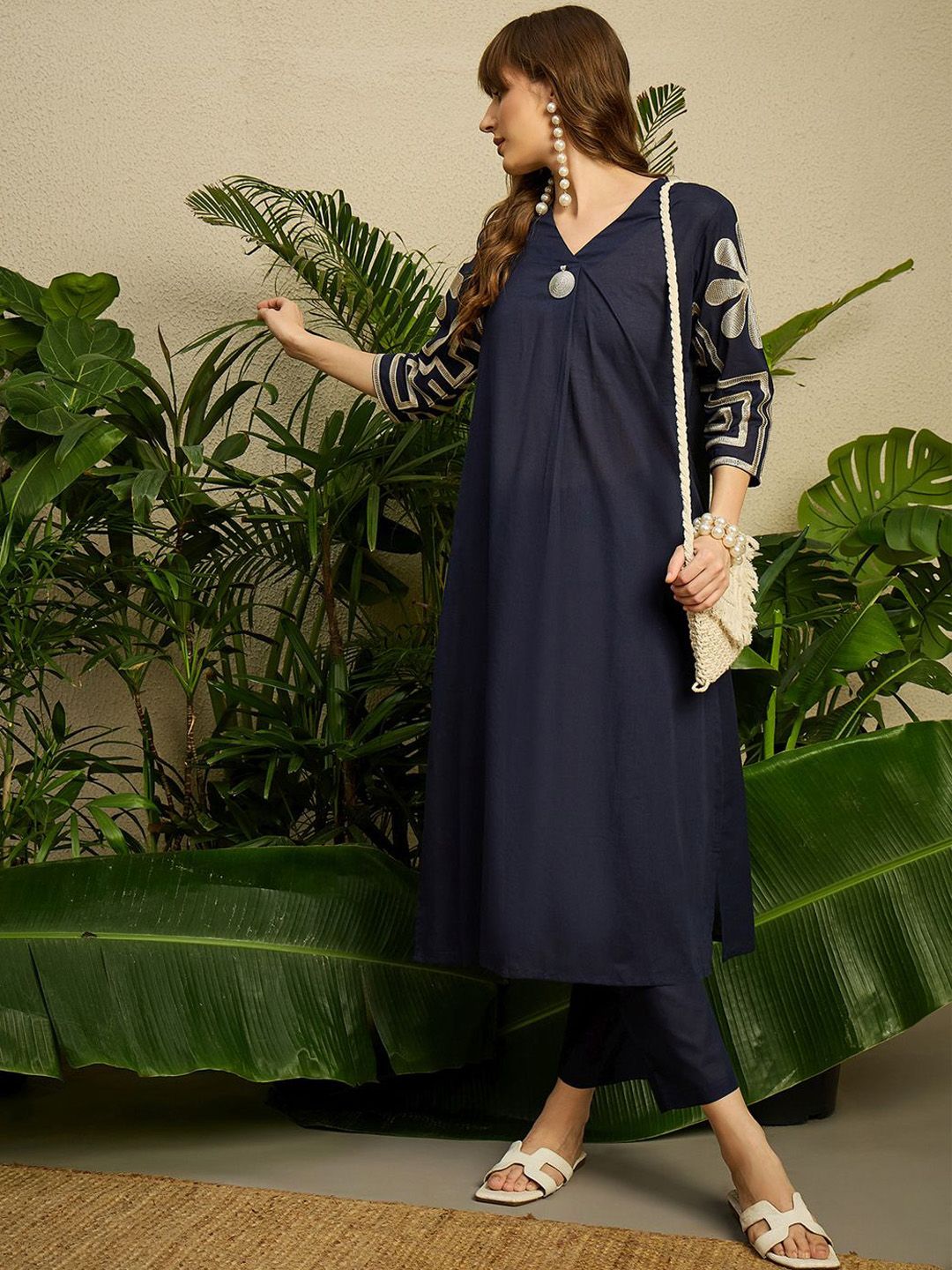 Dhiyona IE Embroidered Pure Cotton V-Neck Top With Trousers