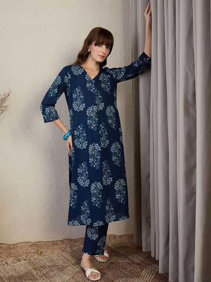 Floral Printed V-Neck A-Line Pure Cotton Kurta With Trousers