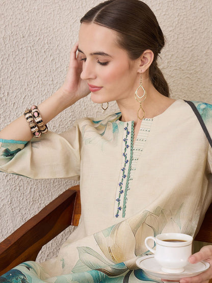 Dhiyona IE Floral Printed Notch Neck Beads & Stones Straight Kurta With Trousers & Dupatta