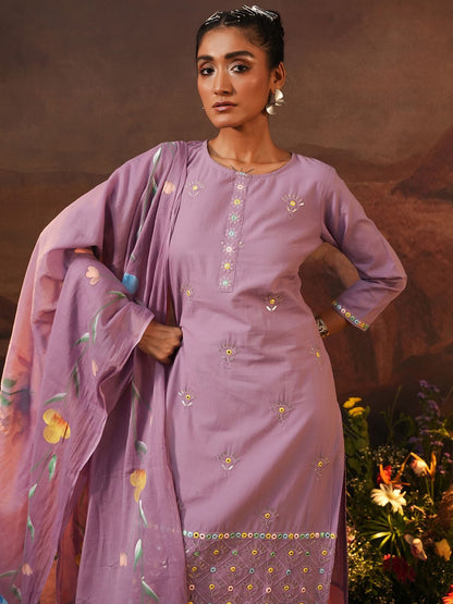 Dhiyona IS Women's Ethnic Motifs Embroidered Thread Work Pure Cotton Kurta with Trousers & Dupatta