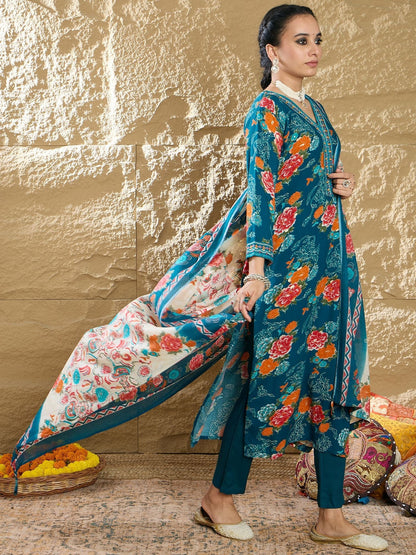 Dhiyona IE Floral Printed Mirror Work V-Neck Straight Kurta With Trousers And Dupatta