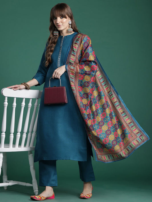Dhiyona IE Embroidered Pure Cotton Kurta with Trousers & Dupatta