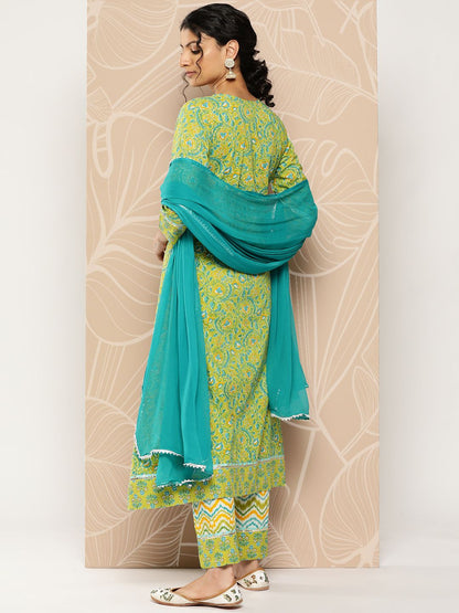 Dhiyona VA Women'sFloral Printed Mirror Work Pure Cotton Kurta With Palazzos & Dupatta
