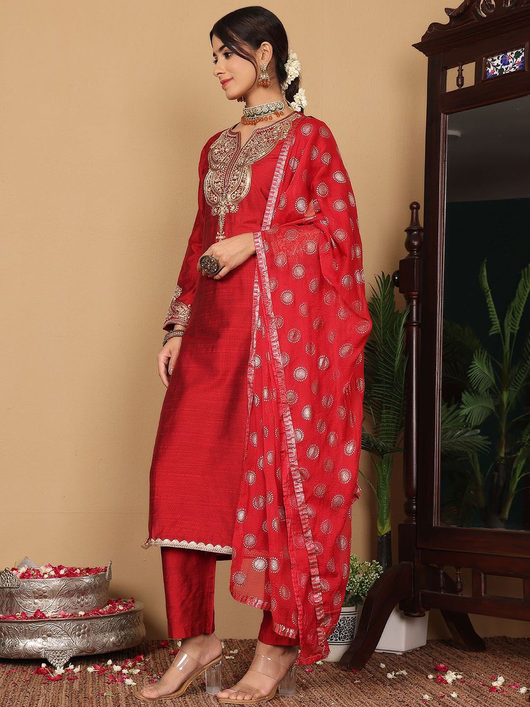 Dhiyona VA Women's Ethnic Motifs Embroidered Regular Sequinned Kurta with Trousers & Dupatta