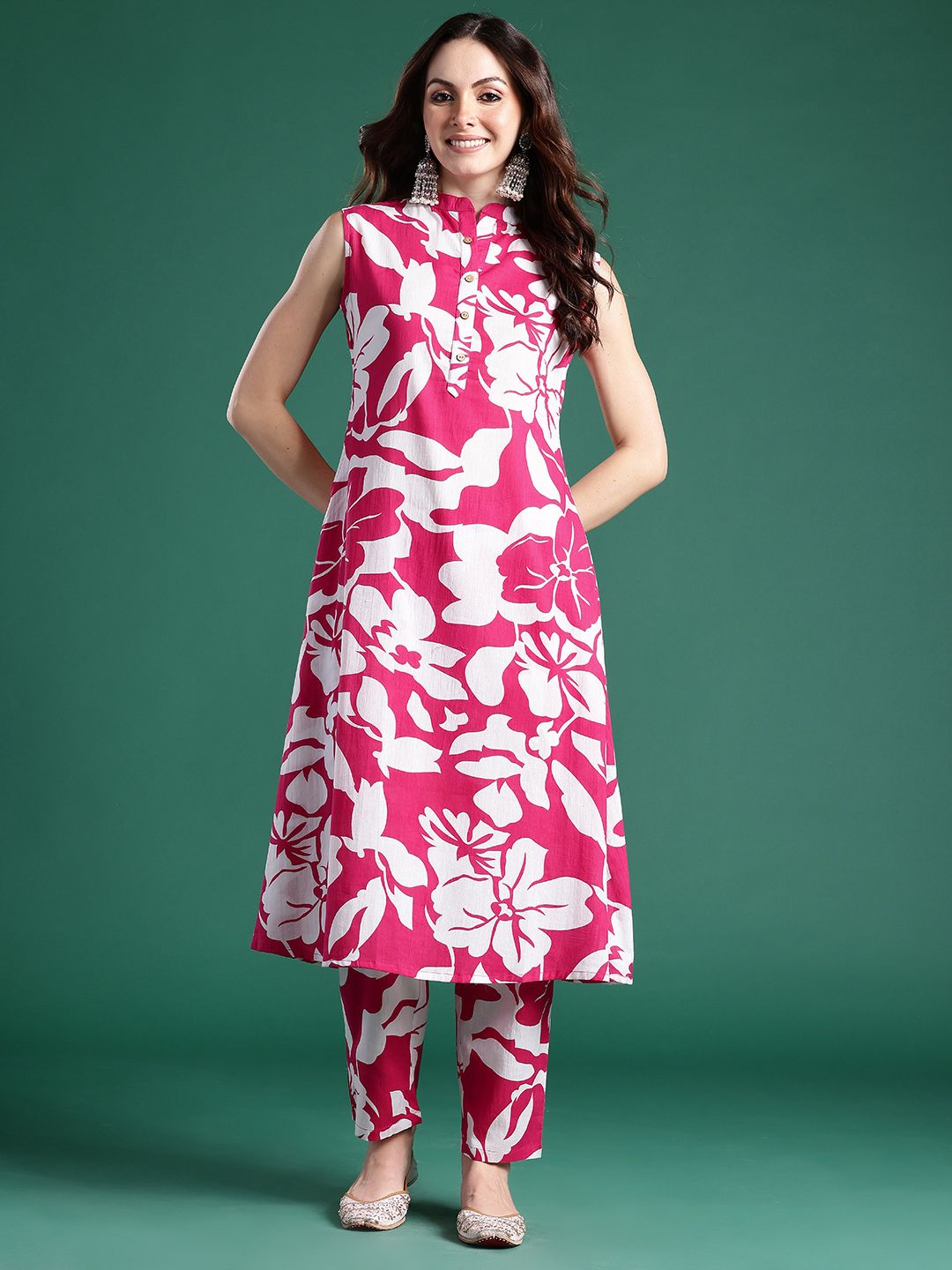 Floral Printed Pleated Pure Cotton Kurta with Trousers