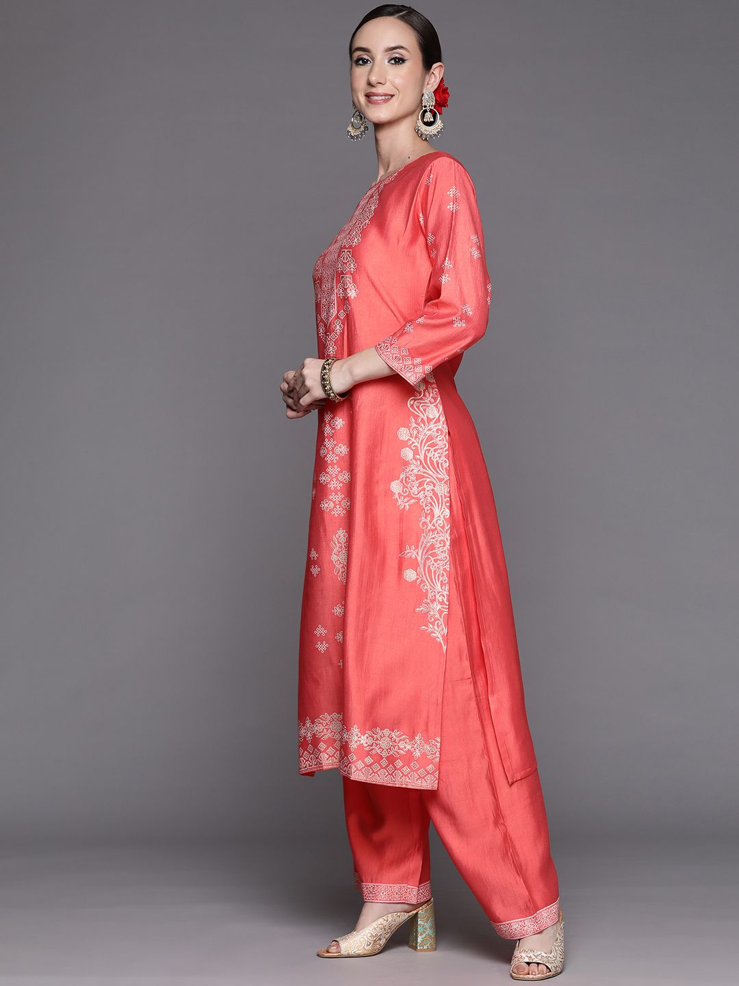 Women Pink Ethnic Motifs Printed Liva Kurta with Palazzos & With Dupatta