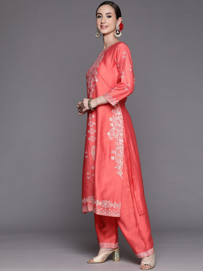 Women Pink Ethnic Motifs Printed Liva Kurta with Palazzos & With Dupatta
