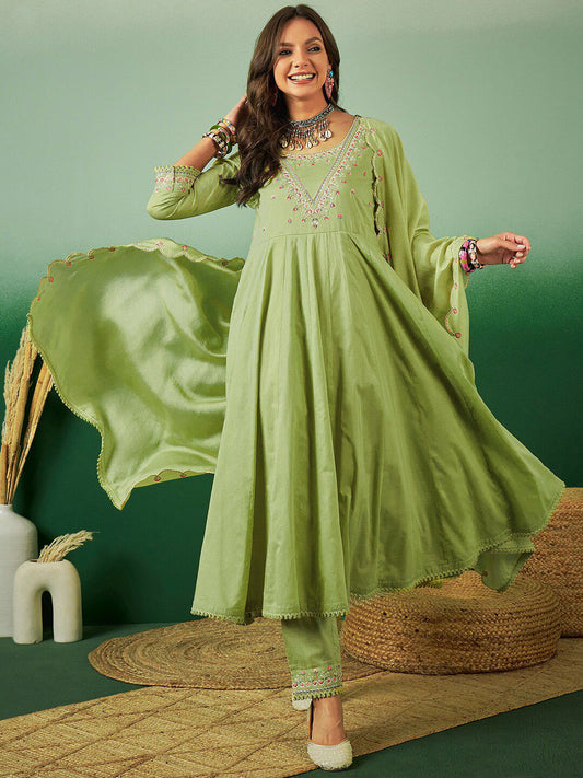 Dhiyona SN Women's Sequence Embroidered Pure Cotton Anarkali Kurta With Trousers & Dupatta