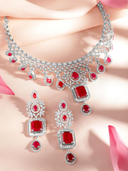 Dhiyona RJ Women's Rhodium-Plated Ruby Pink & White Cubic Zirconia Handcrafted Premium Jewellery Set