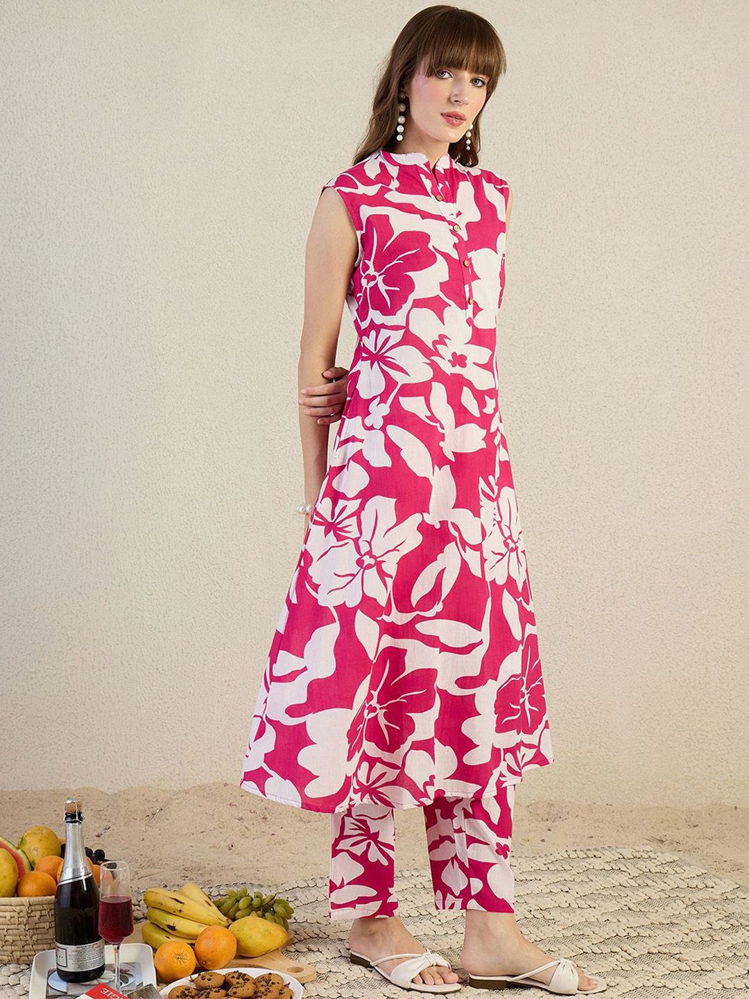 Floral Printed Mandarin Collar Pure Cotton A-Line Kurta With Trouser