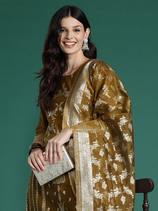 Dhiyona IE Women Ethnic Motifs Woven Design Kurta with Trousers & With Dupatta