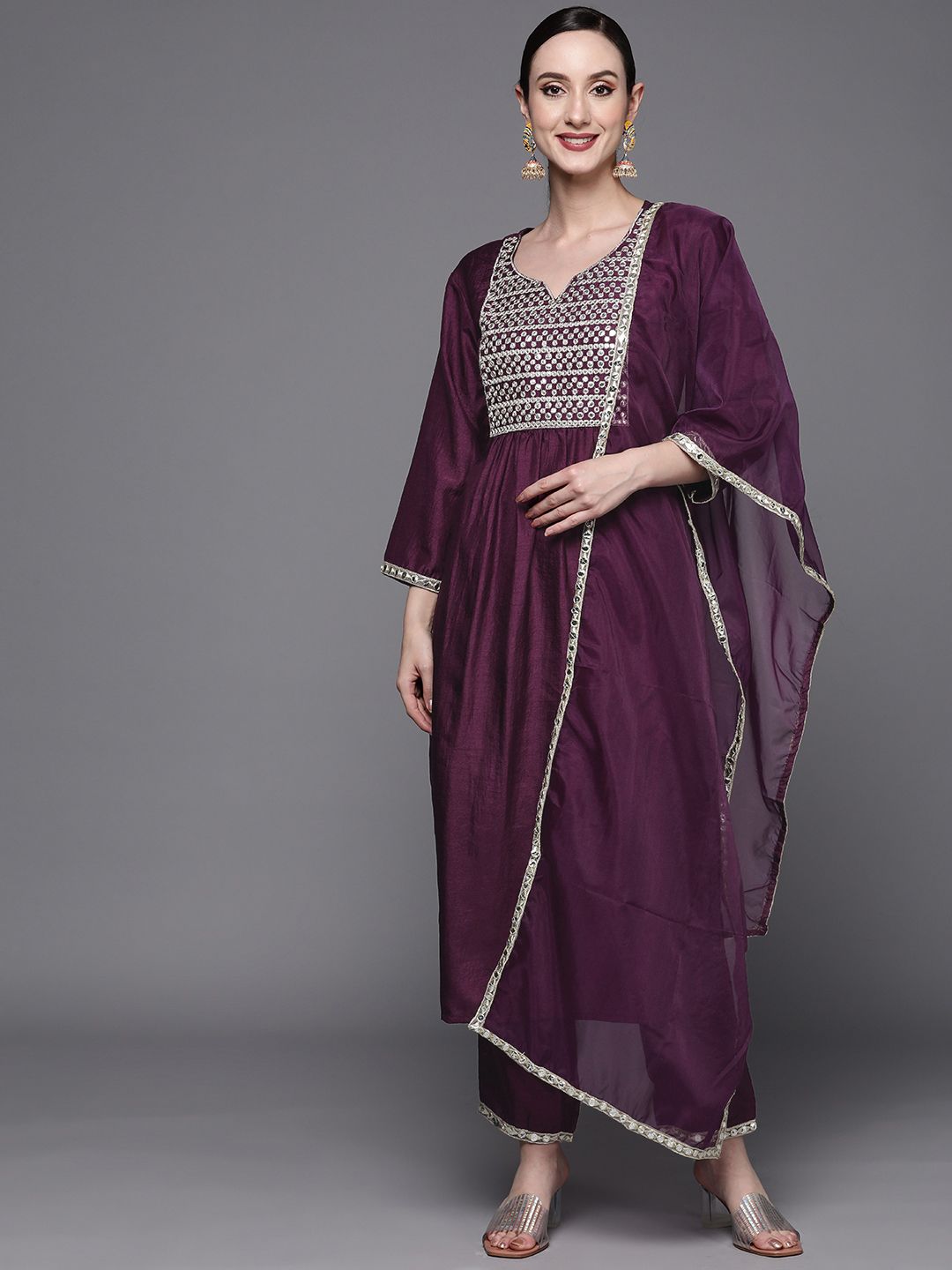 Women Purple Yoke Design Mirror Work Kurta with Trousers & With Dupatta