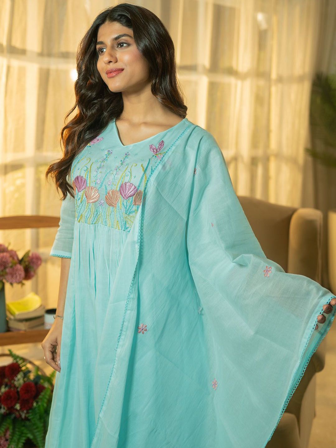 Floral Yoke Design Thread Work Pure Cotton A-Line Kurta With Trousers & Dupatta