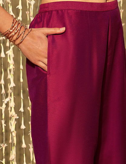 Dhiyona IE Magenta Ethnic Motifs Embroidered Straight Kurta & Trouser With Dupatta