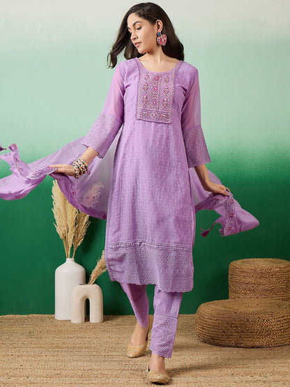Dhiyona SN Women's Embroidered A-Line Kurta With Trouser & Dupatta