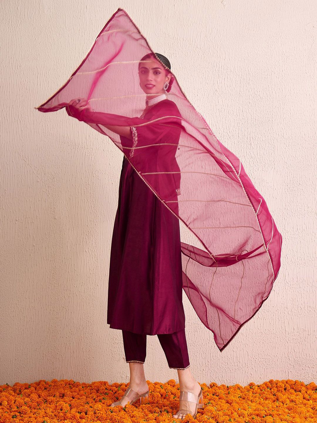 Women Floral Embroidered Pleated Thread Work Liva Kurta with Palazzos & With Dupatta