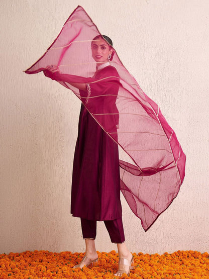 Women Floral Embroidered Pleated Thread Work Liva Kurta with Palazzos & With Dupatta