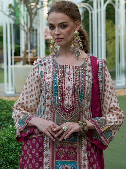 Floral Printed Mirror Work Liva A-Line Kurta with Palazzos & Dupatta