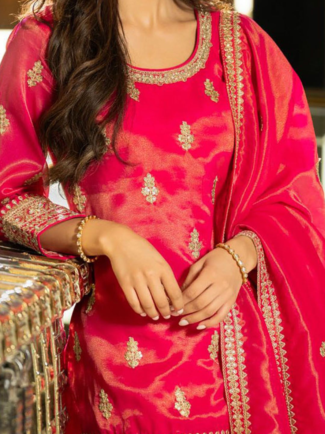 Floral Embroidered Sequnnied Straight Kurta With Palazzos & Dupatta