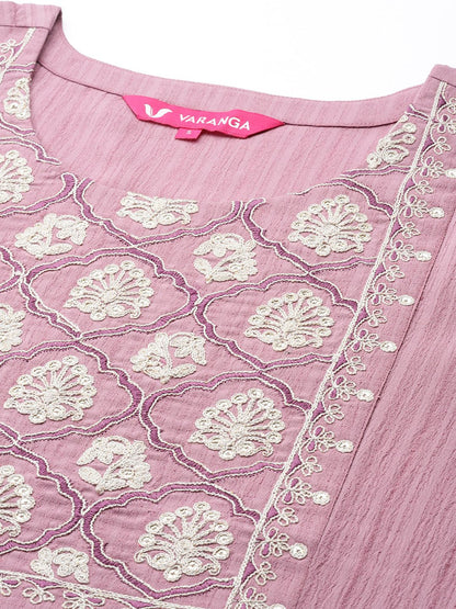 Dhiyona VA Women's Mauve Ethnic Motifs Yoke Design Kurta with Trousers & With Dupatta