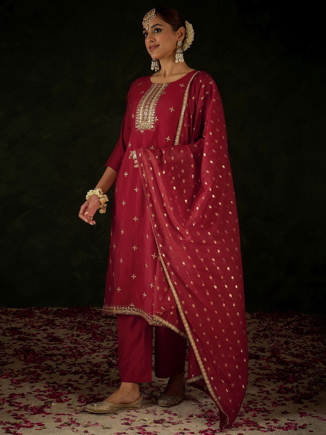 Women Ethnic Motifs Embroidered Regular Sequinned Kurta with Trousers & With Dupatta
