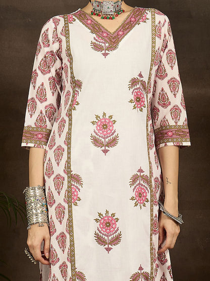 Ethnic Motifs Printed Regular Pure Cotton V-Neck Straight Kurta with Trousers