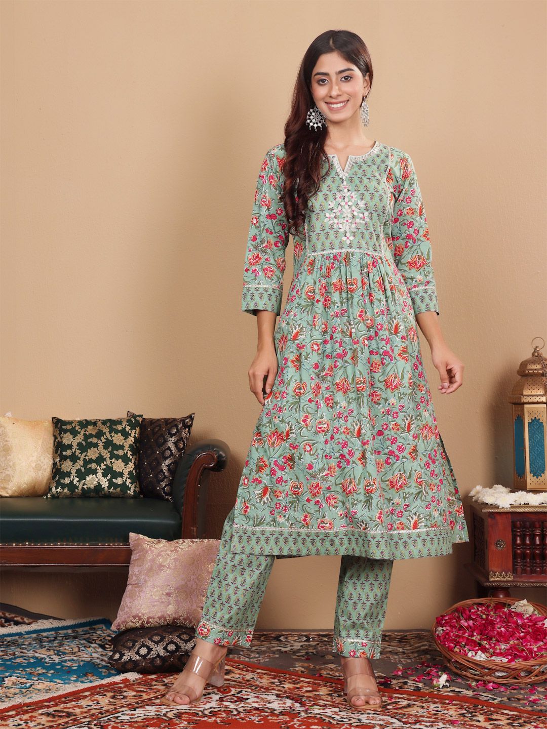 Dhiyona VA Women'sFloral Printed Notch Neck Pure Cotton Kurta with Palazzo & Dupatta