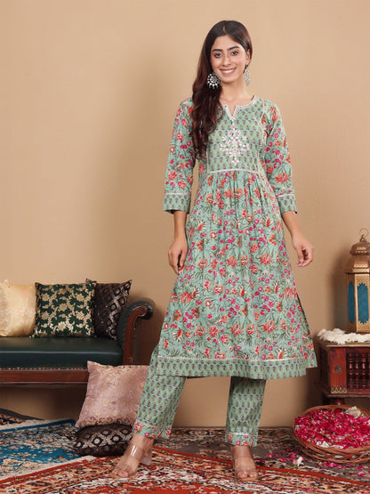 Dhiyona VA Women'sFloral Printed Notch Neck Pure Cotton Kurta with Palazzo & Dupatta