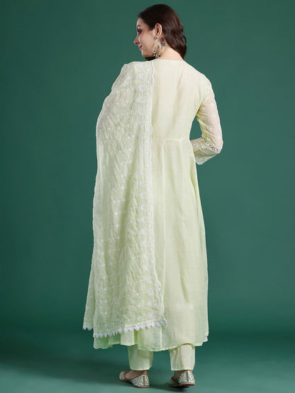 Floral Embroidered Thread Work Pure Cotton Kurta With Trousers & Dupatta