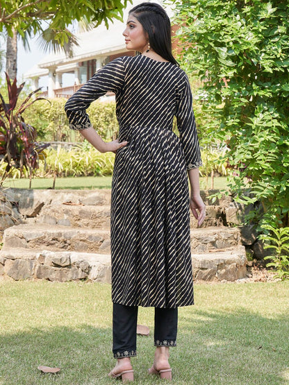 Dhiyona IE Black Leheriya Printed Mirror Work A-Line Kurta & Trousers & With Dupatta