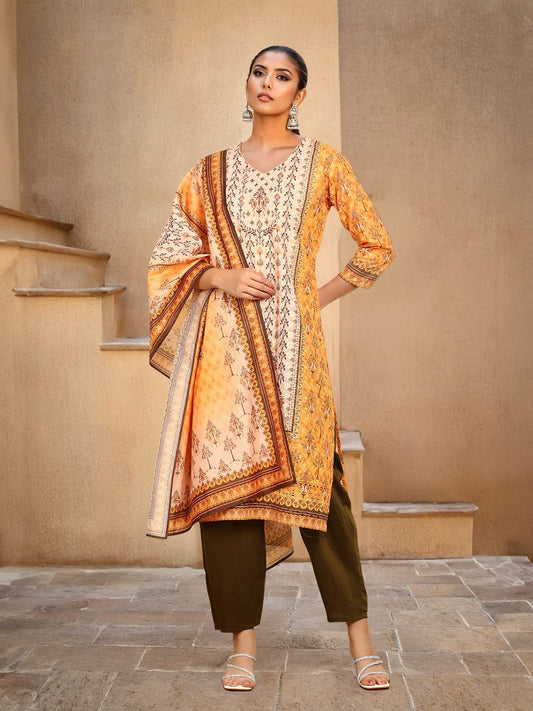 Dhiyona SO Women's Women Floral Printed Sequinned V-Neck Straight Kurta With Trousers & Dupatta