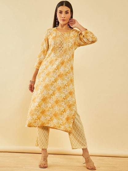 Dhiyona SO Women's Mustared Yellow & Beige Floral Printed Straight Kurta with Trousers