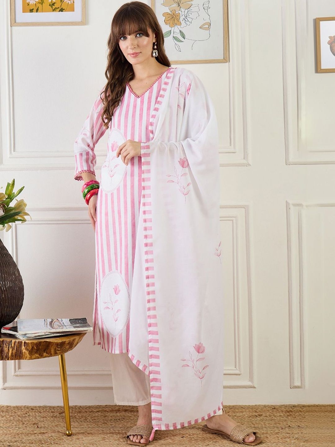 Women Striped Regular Thread Work Linen Kurta with Trousers & With Dupatta