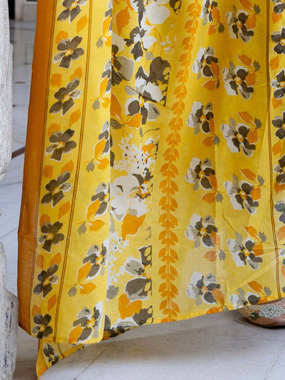 Dhiyona IE Floral Printed Mandarin Collar Pure Cotton Kurta With Trousers & Dupatta
