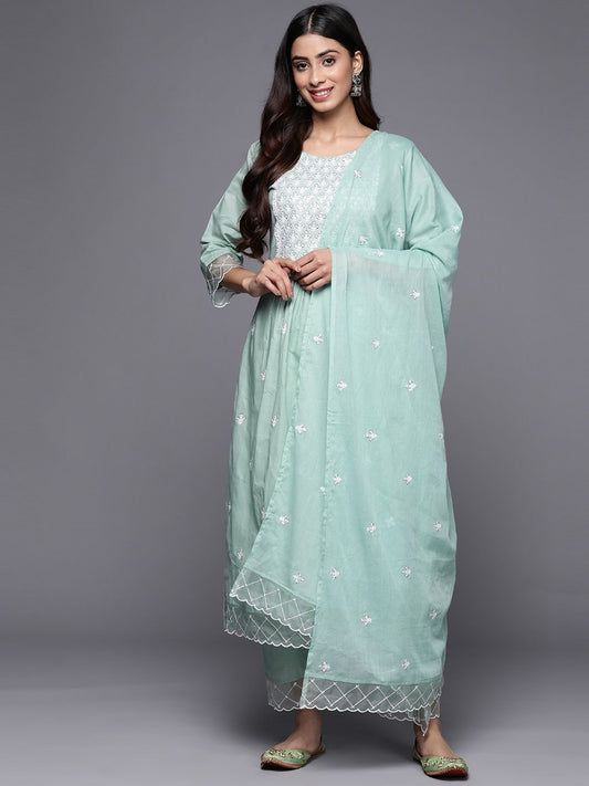 Dhiyona VA Women's Floral Embroidered Sequinned Pure Cotton Kurta Set