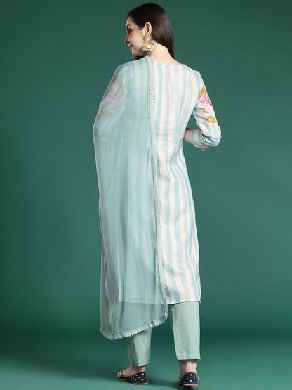 Floral Printed Beads and Stones Linen Kurta with Trousers & With Dupatta