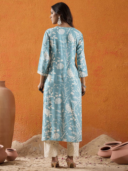 Dhiyona IE Floral Embroidered Thread Work Round Neck Straight Kurta