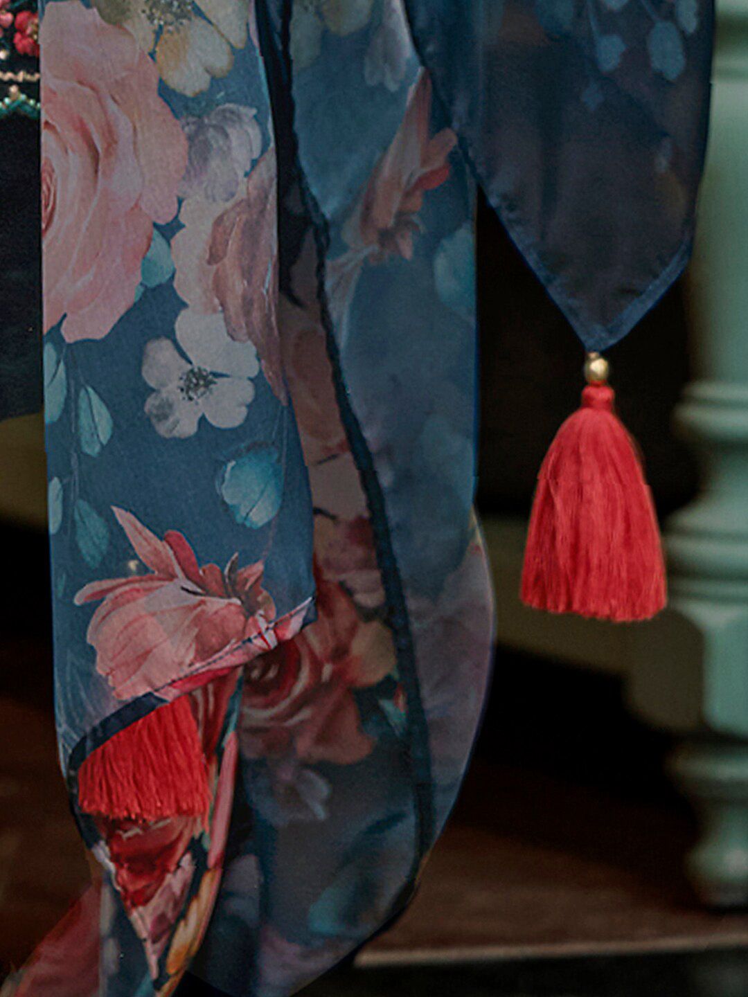 Dhiyona IE Floral Embroidered Panelled Thread Work A-Line Kurta With Trousers & Dupatta