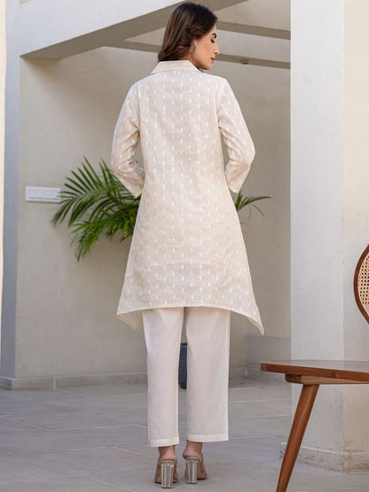 Dhiyona IE Floral Printed Shirt Collar A-Line Pure Cotton Kurta With Trousers