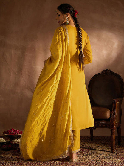 Dhiyona IE Yellow Paisley Embroidered Regular Straight Kurta With Trousers & Dupatta