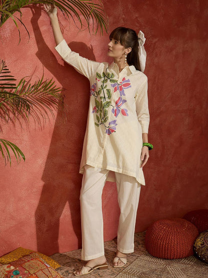 Dhiyona IE Floral Printed Shirt Collar A-Line Pure Cotton Kurta With Trousers
