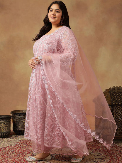 Dhiyona IN Floral Embroidered Regular Thread Work Anarkali Kurta With Trousers & Dupatta