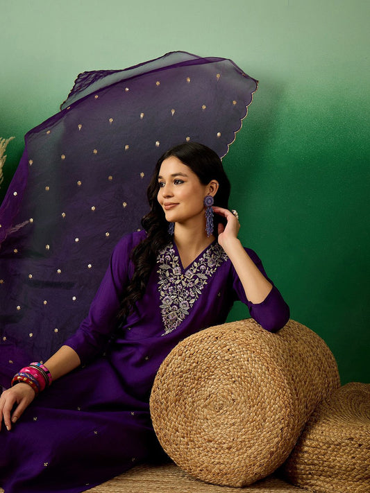 Dhiyona SN Women's Purple Floral Embroidered V-Neck Sequinned Straight Kurta With Trouser & Dupatta