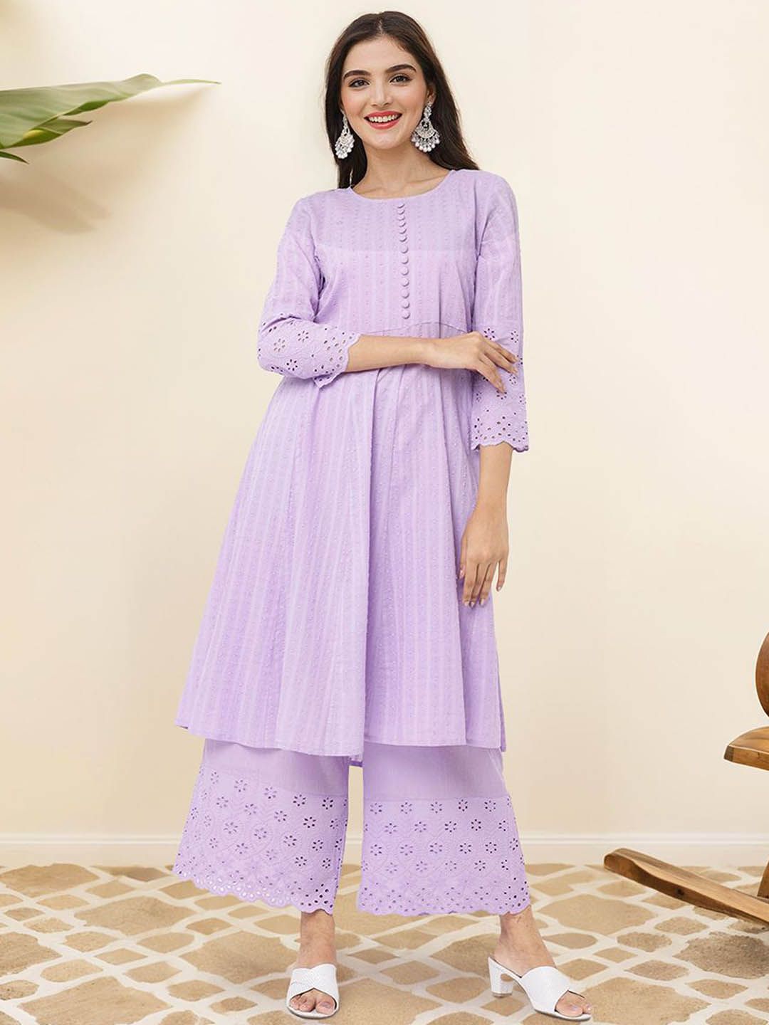 Dhiyona IS Women's Ethnic Motifs Embroidered Regular Pure Cotton Anarkali Kurta with Trousers
