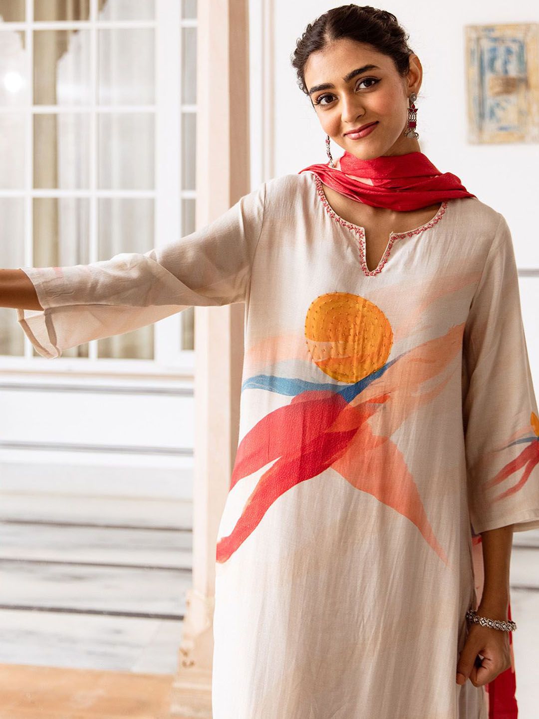 Dhiyona IS Women's Floral Printed Notch Neck Beads And Stones Straight Kurta With Palazzos And Dupatta