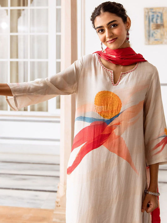 Dhiyona IS Women's Floral Printed Notch Neck Beads And Stones Straight Kurta With Palazzos And Dupatta
